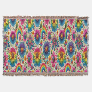 Retro Rainbow Hippie Floral Throw Blanket
