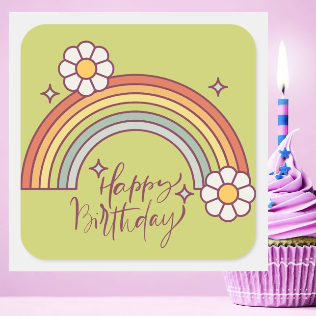 Retro Rainbow Modern Happy Birthday Square Sticker (Creator Uploaded)