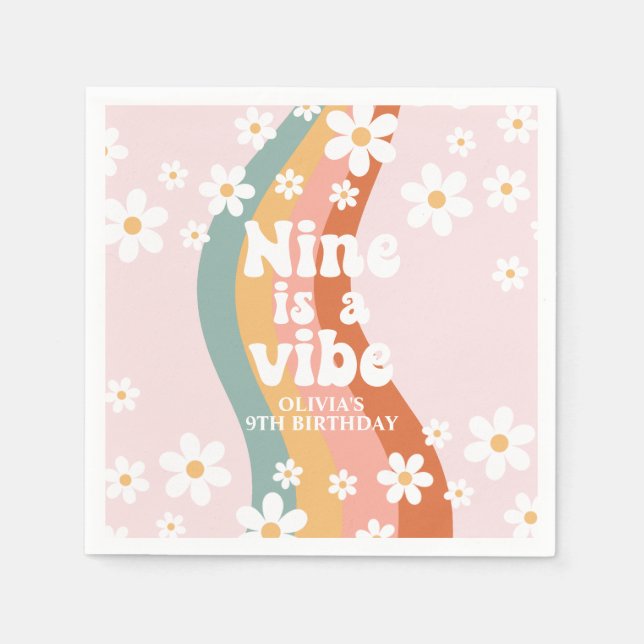 Retro Rainbow Nine is a Vibe Daisy 9th Birthday Napkin (Front)