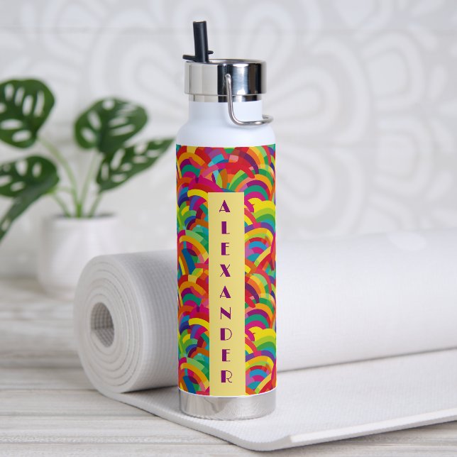 Retro Rainbow No3 pattern Personalised Name Water Bottle (Yoga)