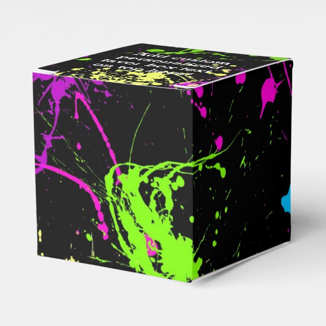 Retro Rainbow of Neon Paint Splatters on Black Favour Box (Front Side)