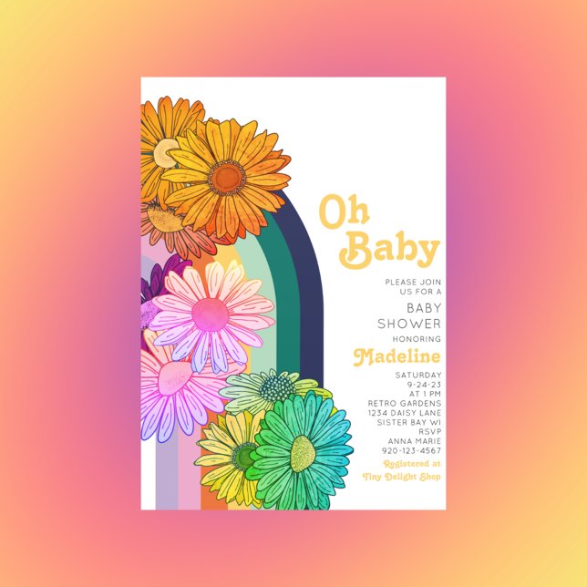 Retro Rainbow Oh Baby Daisy Baby Shower Invitation (Creator Uploaded)