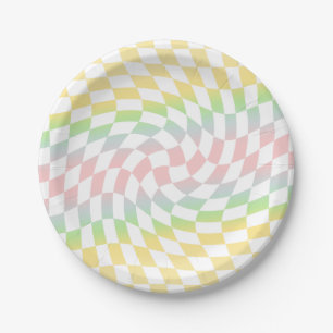 Retro Rainbow Pastel Checks Warped Checkerboard  Paper Plate