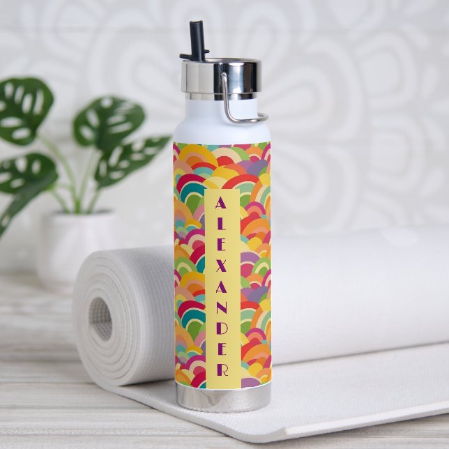 Retro Rainbow pattern No4 Personalised Name Water Bottle (Yoga)