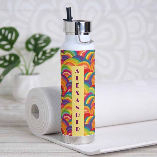 Retro Rainbow pattern No 5 Personalised Name Water Bottle (Yoga)