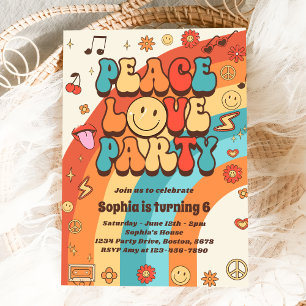 Retro Rainbow Peace Love Party 6th Birthday Invitation