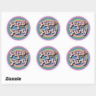 Retro Rainbow Pizza and Party Birthday Round Stick Classic Round Sticker