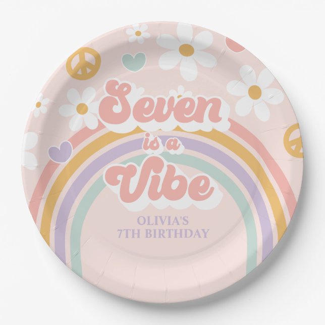 Retro Rainbow Seven is a Vibe 7th Birthday Paper Plate (Front)