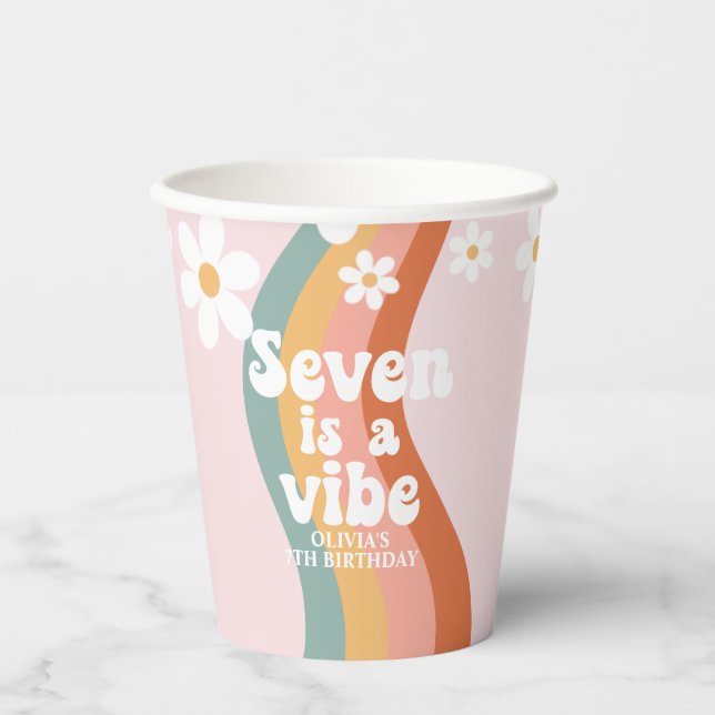 Retro Rainbow Seven is a Vibe Daisy 7th Birthday Paper Cups (Front)
