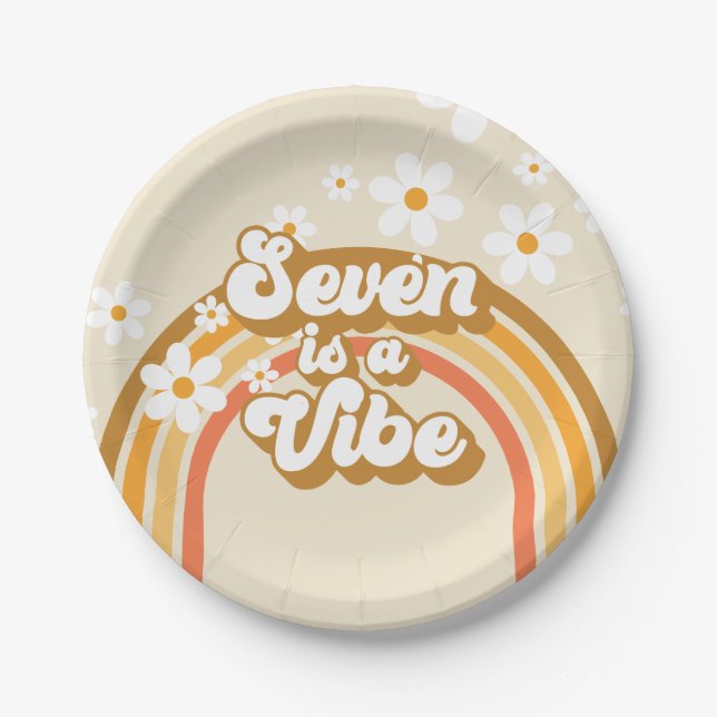 Retro Rainbow Seven is a Vibe Groovy 7th Birthday Paper Plate (Front)