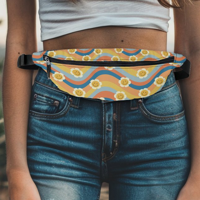 Retro Rainbow Smiley face Flowers  Bum Bags (Creator Uploaded)