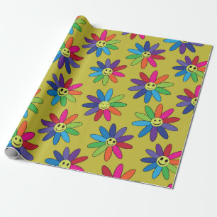 Retro Rainbow smiling flowers pattern Wrapping Paper