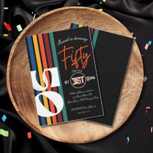 Retro Rainbow Striped “Fifty” Birthday Invitation