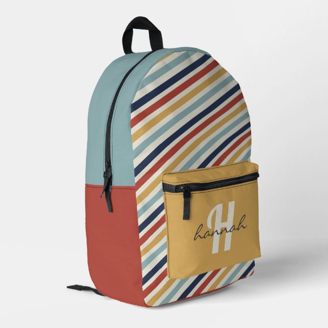 Retro Rainbow Stripes Personalised Monogram Printed Backpack (Back Corner Left)