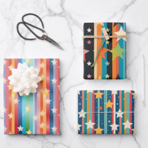 Retro Rainbow Stripes & Stars Colorful Design Wrapping Paper Sheet
