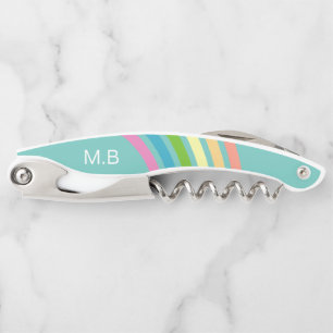 Retro Rainbow Stripes Teal Monogram Corkscrew