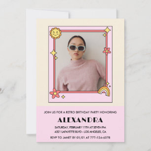 Retro Rainbow Sun Photo Pink 34th birthday Invitation