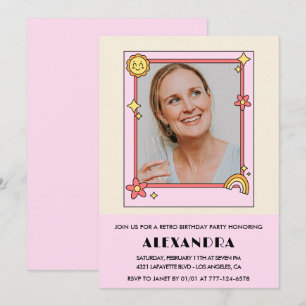Retro Rainbow Sun Photo Pink 62nd birthday Invitation