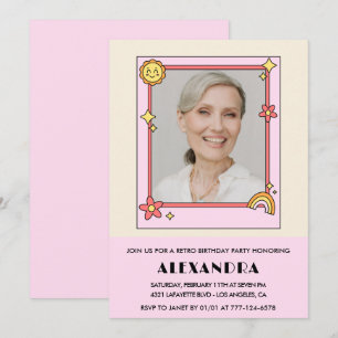 Retro Rainbow Sun Photo Pink 74th birthday Invitation