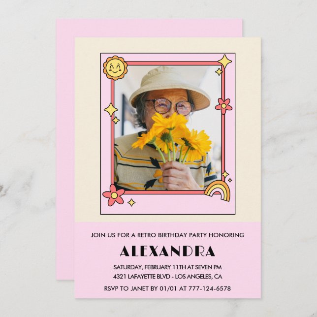 Retro Rainbow Sun Photo Pink 98th birthday Invitation (Front/Back)
