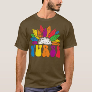Retro Rainbow Sunflower Nurse T-Shirt