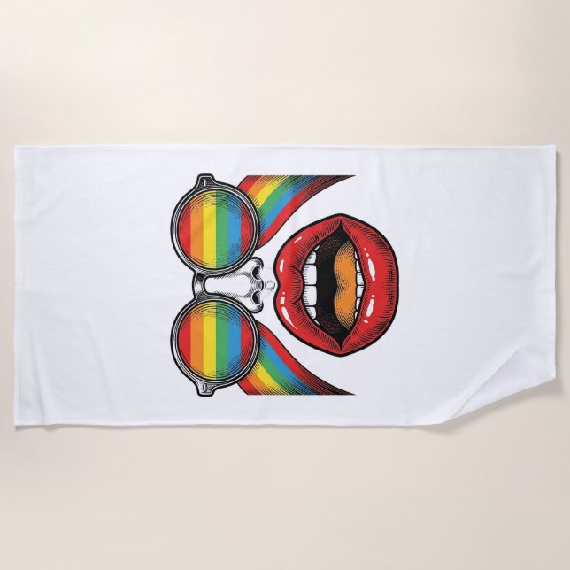 Retro Rainbow Sunglasses Lips Face Vector Design_1 Beach Towel (Front)