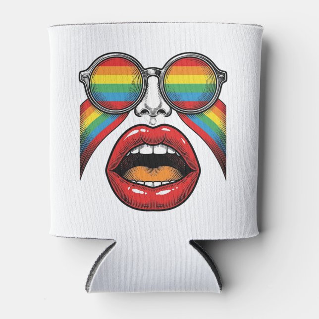 Retro Rainbow Sunglasses Lips Face Vector Design_1 Can Cooler (Front)