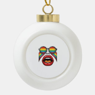 Retro Rainbow Sunglasses Lips Face Vector Design_1 Ceramic Ball Christmas Ornament