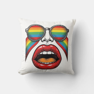 Retro Rainbow Sunglasses Lips Face Vector Design_1 Cushion