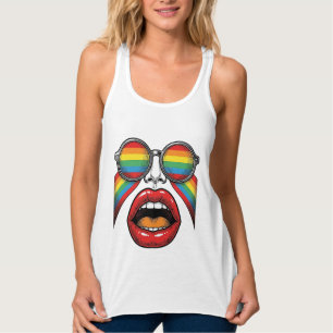 Retro Rainbow Sunglasses Lips Face Vector Design_1 Singlet