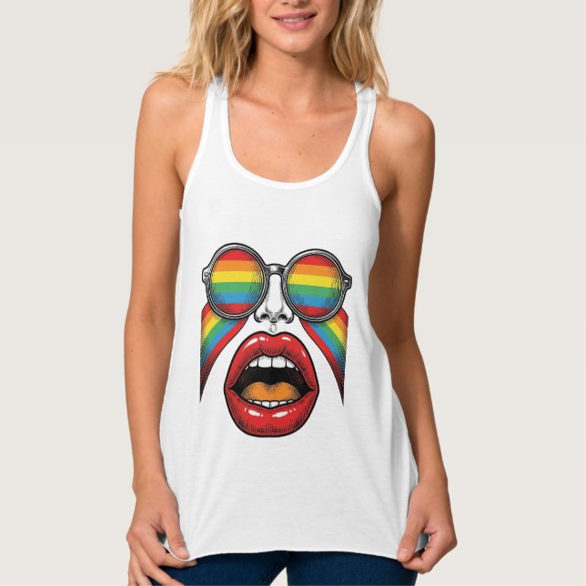 Retro Rainbow Sunglasses Lips Face Vector Design_1 Singlet (Front)