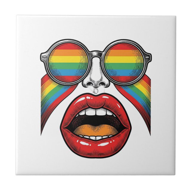 Retro Rainbow Sunglasses Lips Face Vector Design_1 Tile (Front)