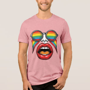 Retro Rainbow Sunglasses Lips Face Vector Design_1 Tri-Blend Shirt