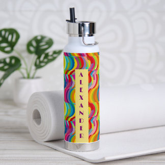 Retro Rainbow Swirls pattern Personalised Name Water Bottle