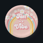 Retro Rainbow Ten is a Vibe Groovy 10th Birthday Paper Plate<br><div class="desc">Ten is a Vibe! Retro inspired 10th birthday plates with 70's style fonts and colours,  rainbow,  and daisies in pink</div>