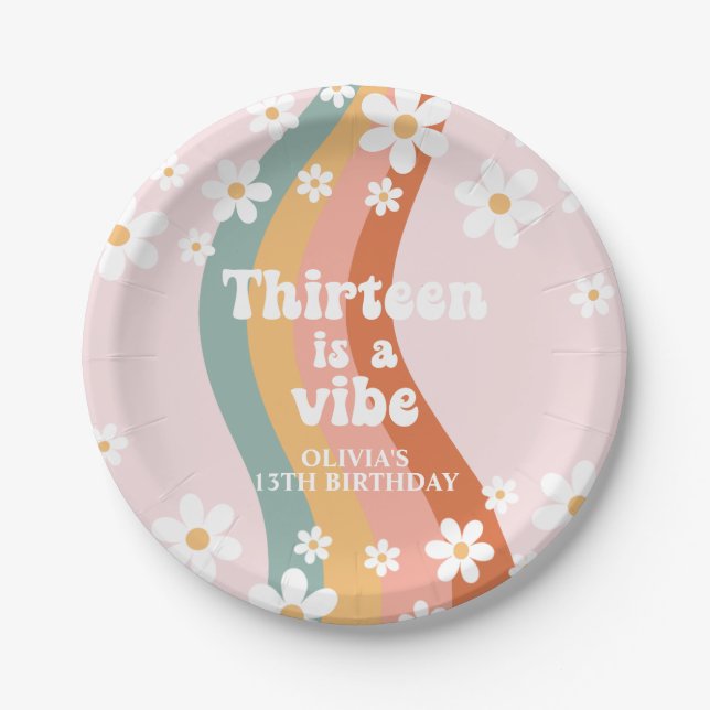 Retro Rainbow Thirteen is a Vibe 13th Birthday Paper Plate (Front)