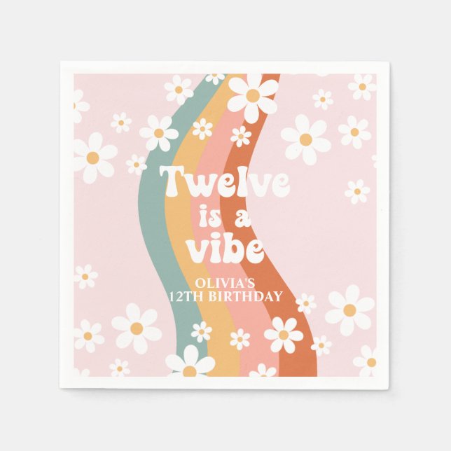 Retro Rainbow Twelve is a Vibe Daisy 12th Birthday Napkin (Front)