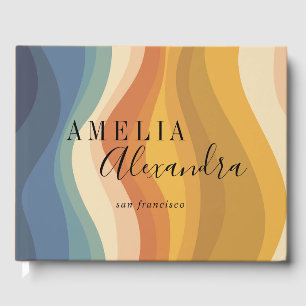 Retro Rainbow Wave Earthy Boho Business Yellow  Guest Book