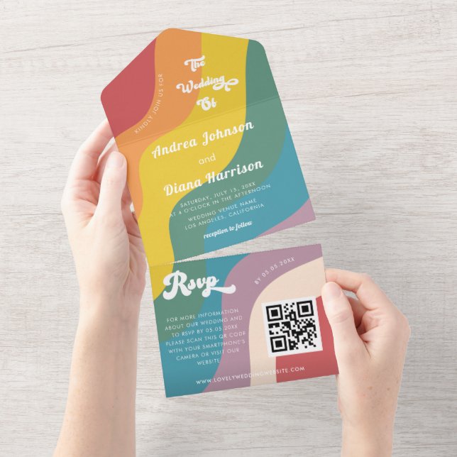 Retro Rainbow Wave LGBTQ Gay Pride QR Code Wedding All In One Invitation (Tearaway)