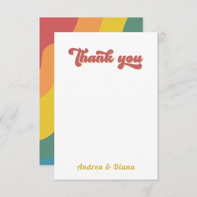 Retro Rainbow Wave LGBTQ Gay Pride Wedding Thank You Card (Front/Back)