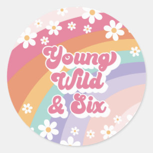 Retro Rainbow Young Wild and Six 6th Birthday Classic Round Sticker