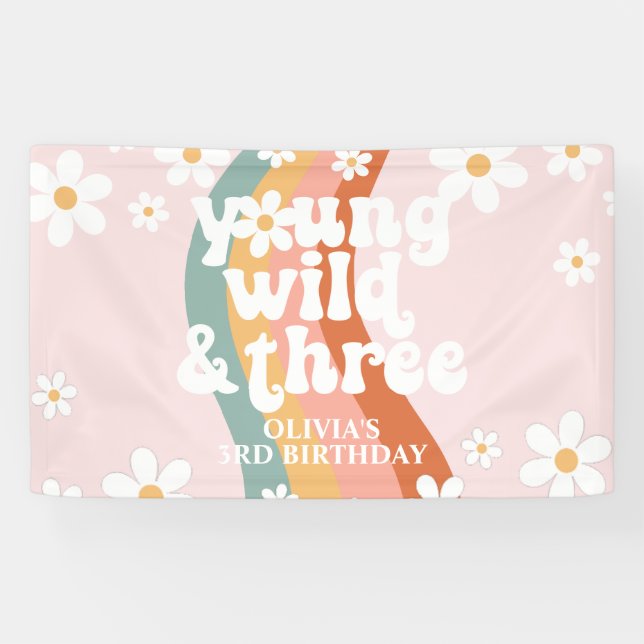 Retro Rainbow Young Wild Three Daisy Banner (Horizontal)