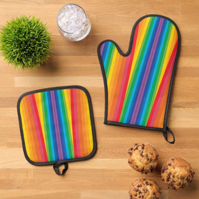 Retro Rainbows Oven Mitt & Pot Holder Set (Top Down)