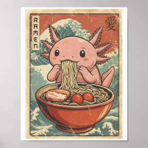 Retro Ramen Axolotl Japanese Food Art Kawaii Poster