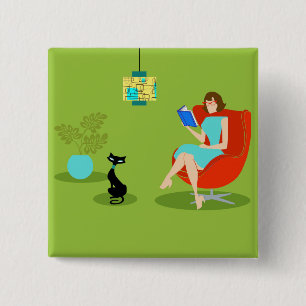 Retro Reading Woman Button