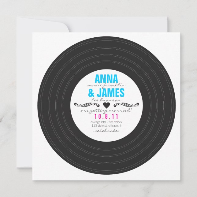 Retro Record Invitation with Hearts (Front)