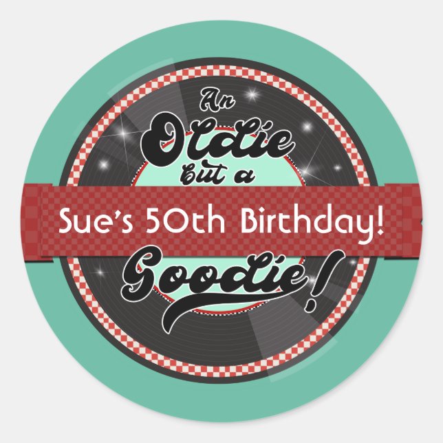 Retro Record Ribbon Fifties 50's Birthday Party Classic Round Sticker (Front)