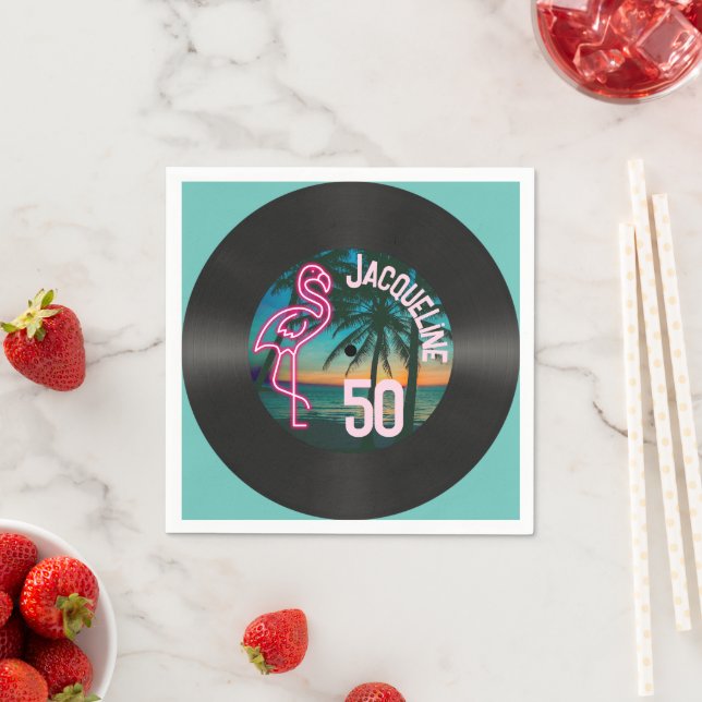Retro Record Tropical Neon Flamingo 50th Birthday Napkin (Insitu)