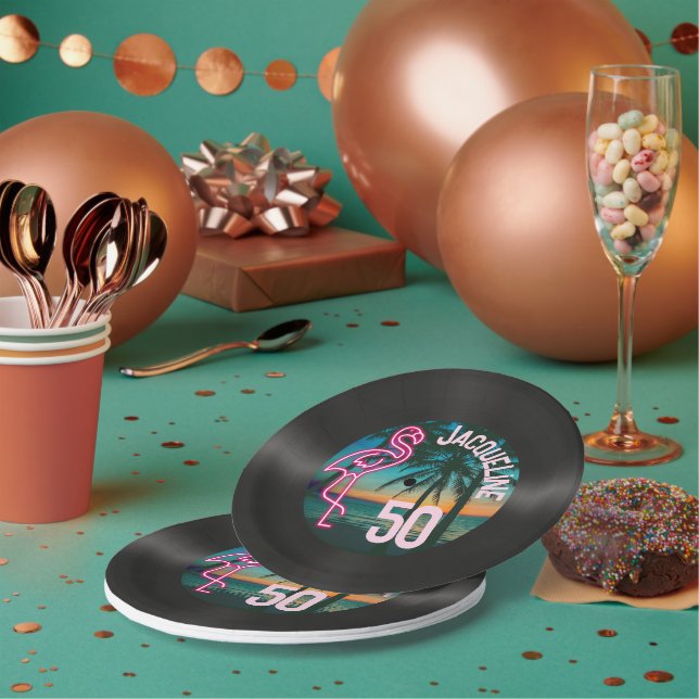 Retro Record Tropical Neon Flamingo 50th Birthday Paper Plate (Multi)