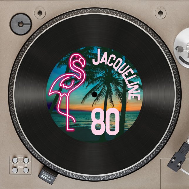 Retro Record Tropical Neon Flamingo 80th Birthday Invitation (Creator Uploaded)